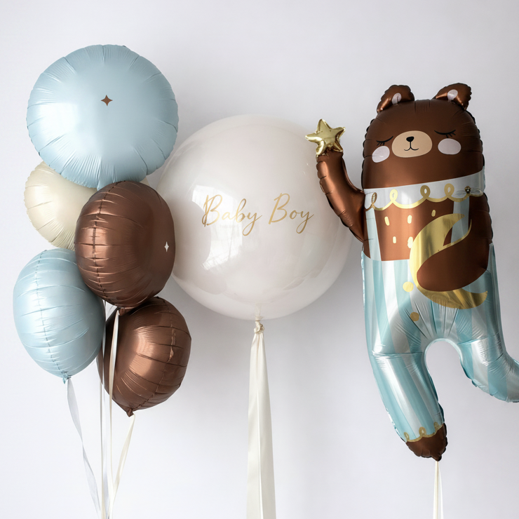 Baby Boy Bear Balloon Set with custom bubble balloon, bear balloon, and blue cream round balloon bunch for celebration decor in Brooklyn