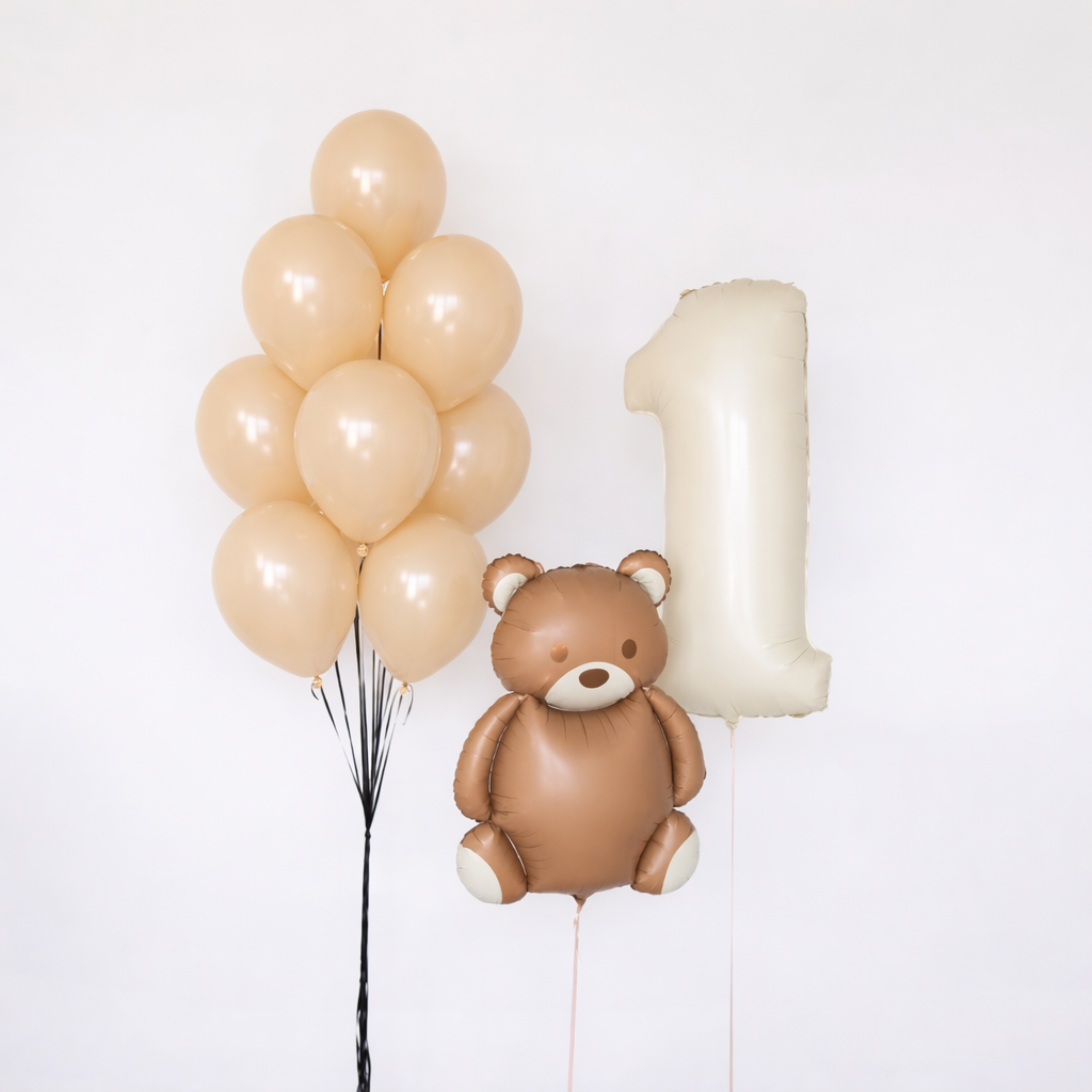Bear and Number One Balloon Set with neutral latex balloon bouquet, teddy bear balloon, and number one balloon for first birthday decor in Manhattan