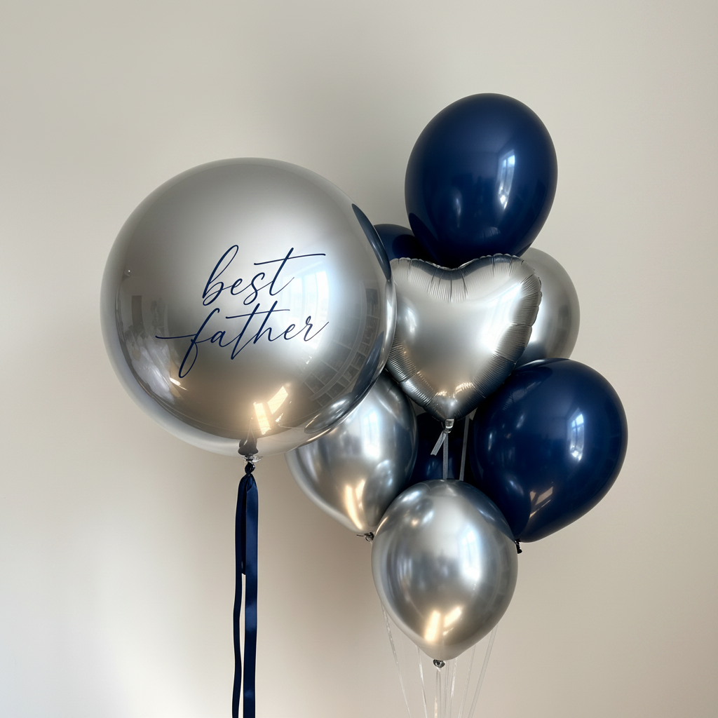 Best Father Balloon Set with custom bubble balloon, blue and silver latex balloons, and silver heart balloon for celebration decor in Queens