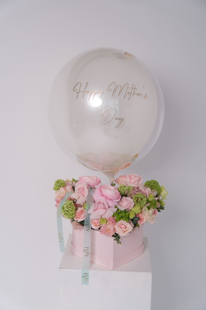 Blooming Love Flower Box with clear bubble balloon and blush flowers for Mother’s Day gifting in Jersey City