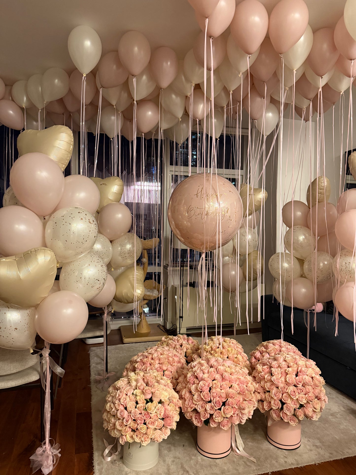Blush Room Decor Balloon Set with custom bubble balloon, five balloon bunches, and ceiling balloons for elegant celebration decor in Manhattan