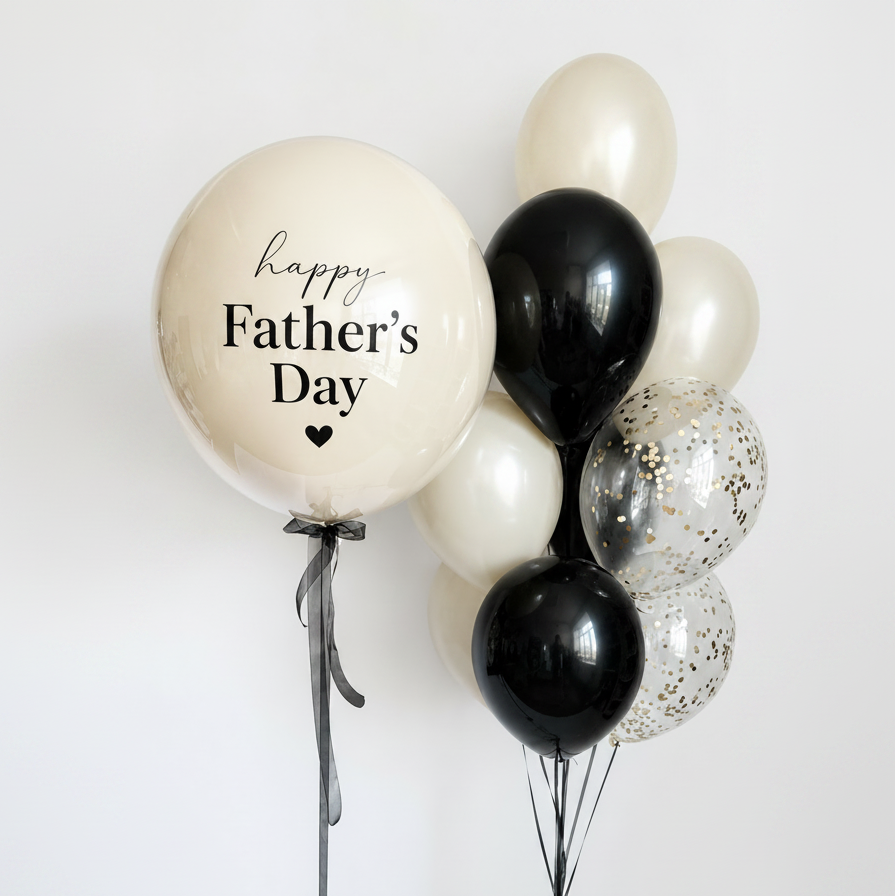 Bubble Balloon Set with Balloon Bunch featuring a custom bubble balloon and black ivory gold balloon bunch for celebration decor in Queens