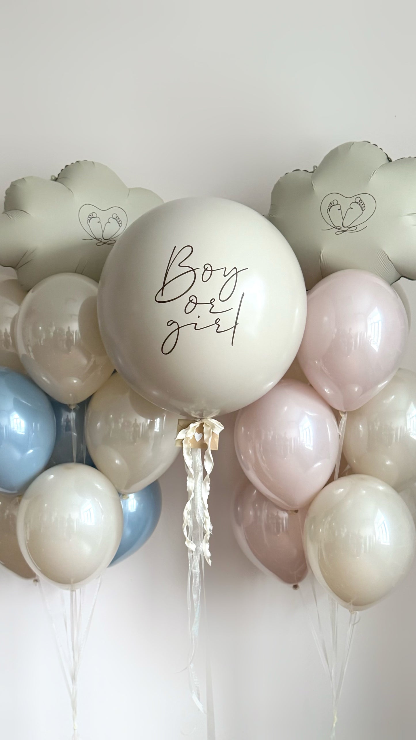 Elegant gender reveal balloon set with large reveal balloon, cloud balloons, and pastel decor in New York