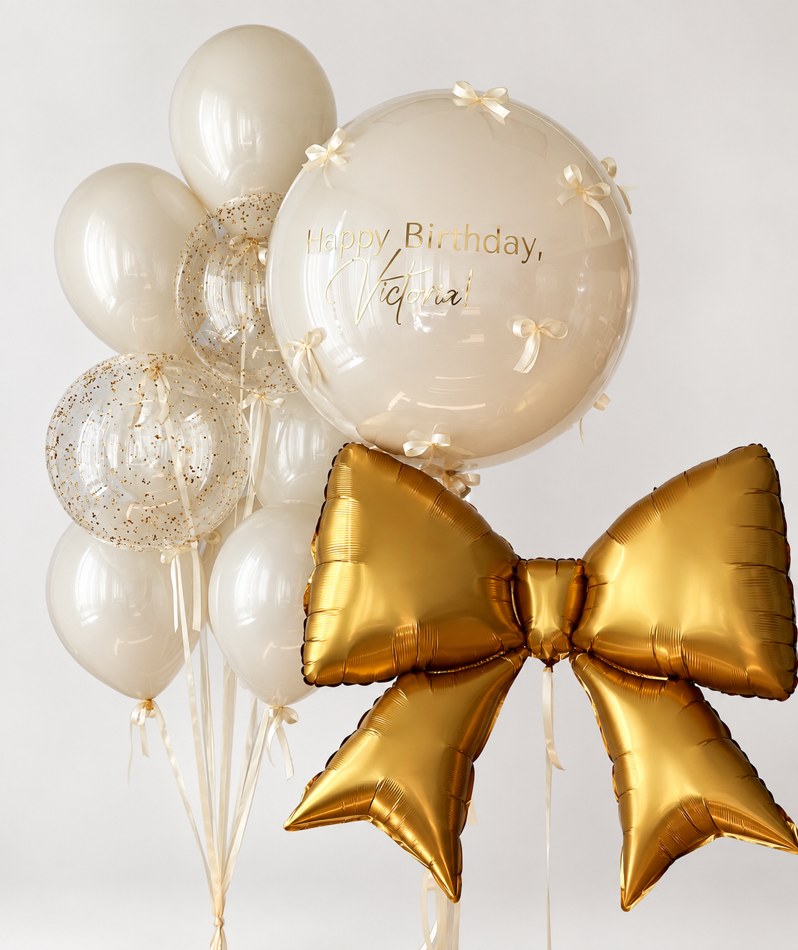 Large personalized cream bubble with small cream bows beside a gold foil bow and a bouquet of glossy cream balloons with two clear gold confetti bubbles.