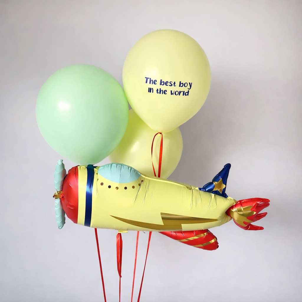 Little Pilot Balloon Set with airplane balloon and pastel latex balloons including custom text for celebration decor in Brooklyn