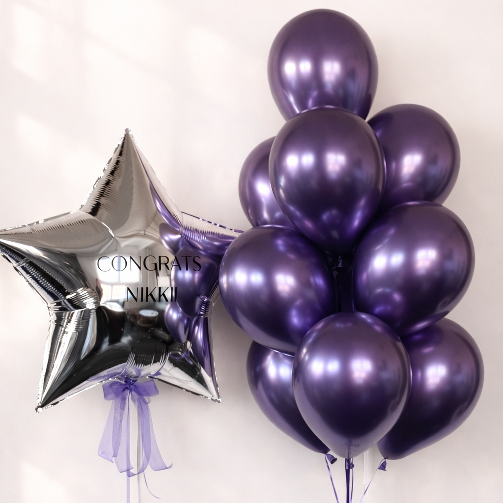 Purple Star Balloon Set with custom silver star balloon and bunch of glossy purple latex balloons for celebration decor in Brooklyn
