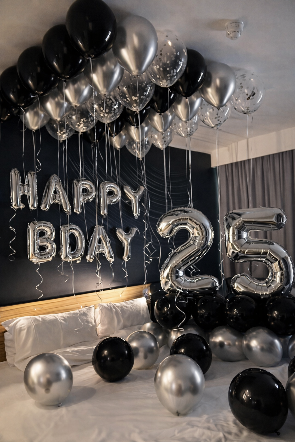 Silver Birthday Room Decor Set with ceiling balloons, birthday banner, number balloon stands, and floor balloons for celebration decor in Manhattan