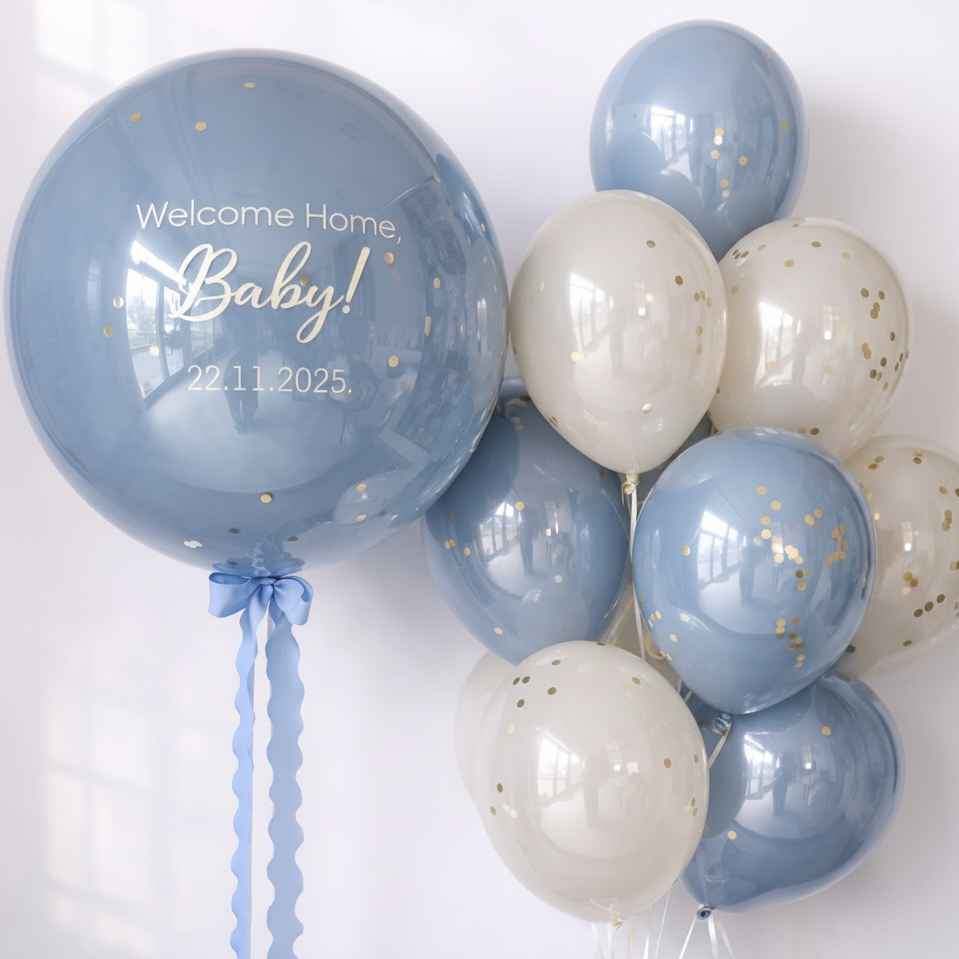 Welcome Baby Bubble Balloon Set with custom blue bubble balloon and matching bunch of blue, white, and gold confetti latex balloons