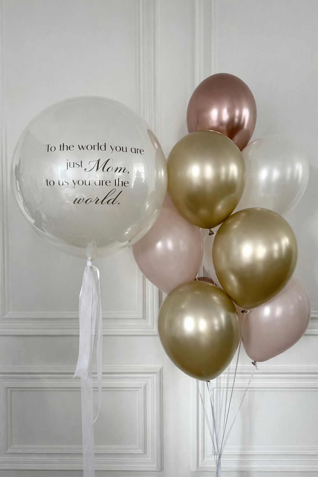 You Are the World Balloon Set with bubble balloon and blush gold latex bouquet for Mother’s Day decor in Brooklyn
