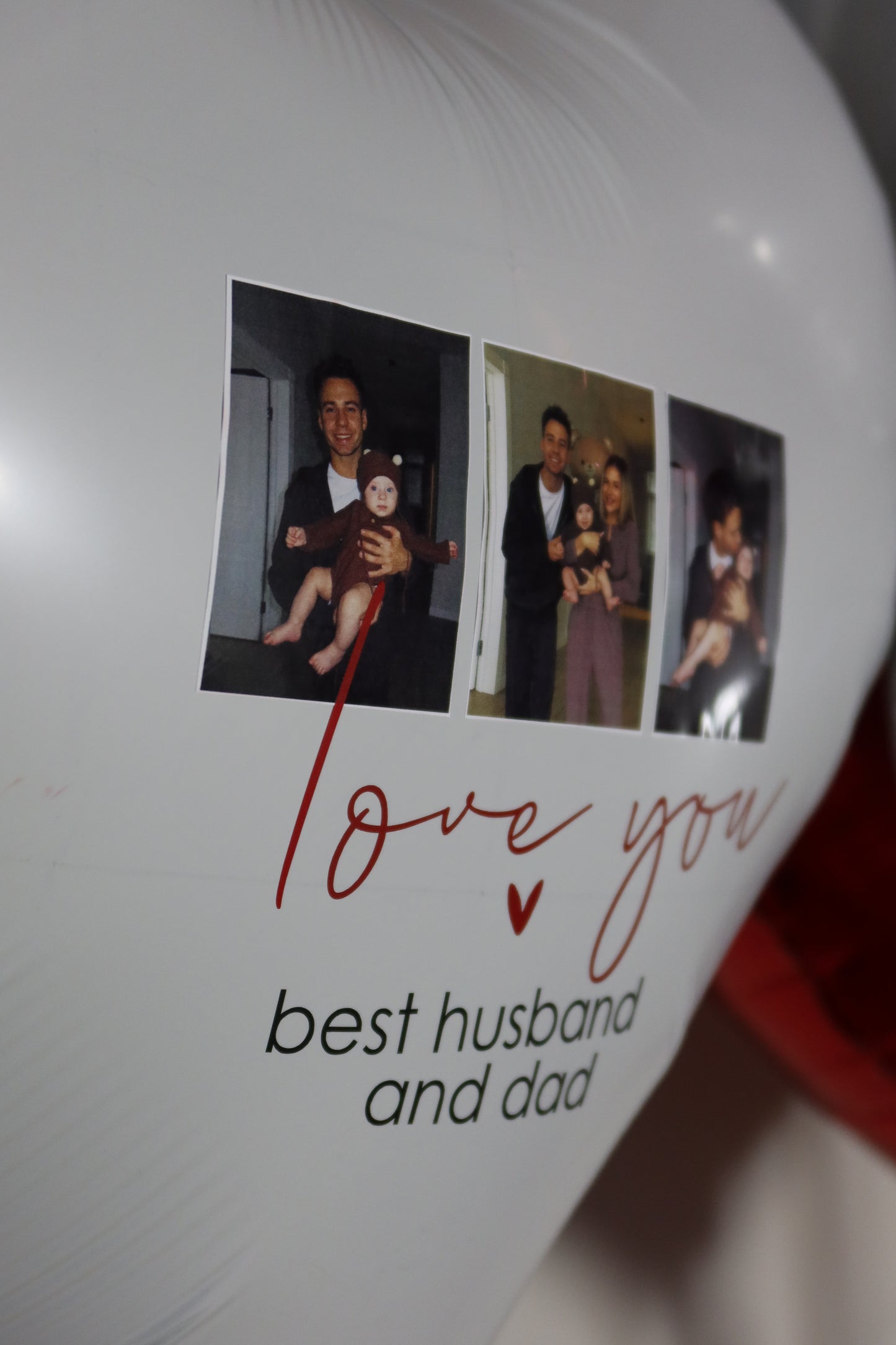 Close-up of personalized photo balloon with custom message for romantic event decor in New York
