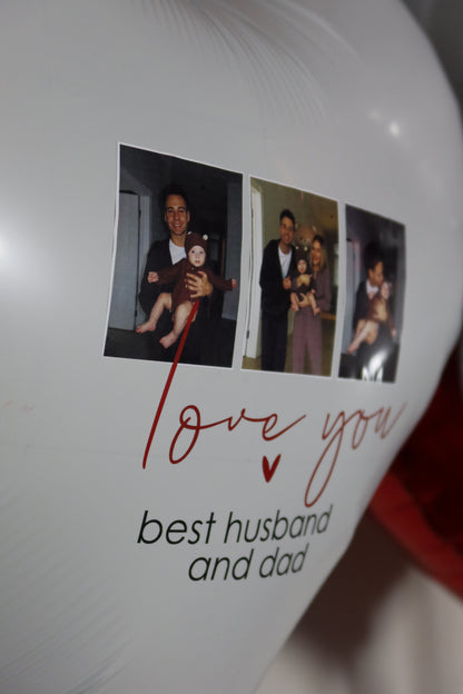 Close-up of personalized photo balloon with custom message for romantic event decor in New York