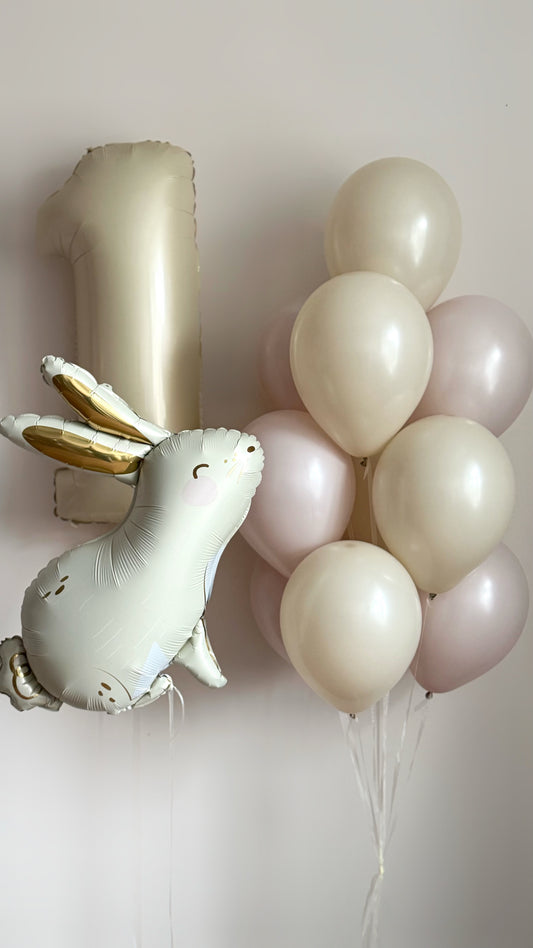 Blush bunny balloon set with number balloon and matching latex balloons for birthday decor in NYC
