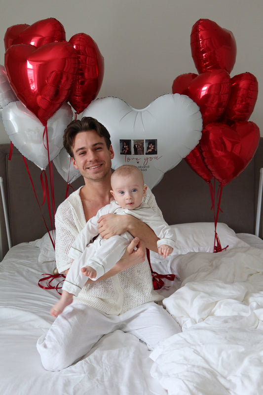 Romantic photo balloon set with heart balloons and custom message for surprise decor in Brooklyn