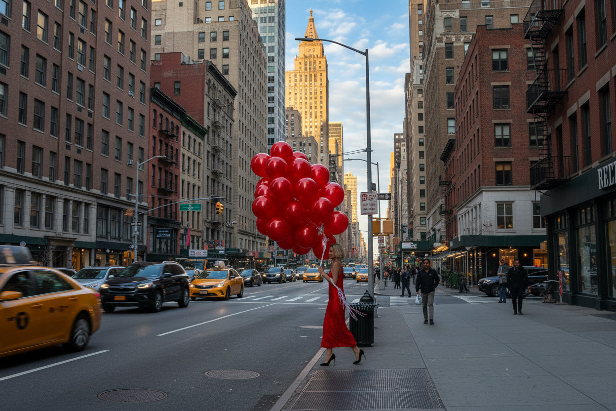 Red bubble balloon installation displayed outdoors for statement event decor in Brooklyn