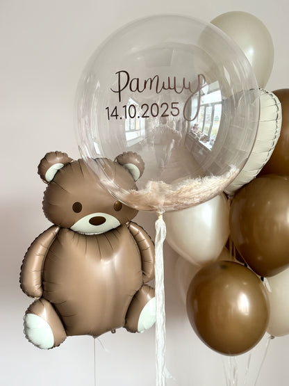 Caramel bear balloon set with custom bubble balloon, heart balloon, and matching latex balloons for event decor in NYC

