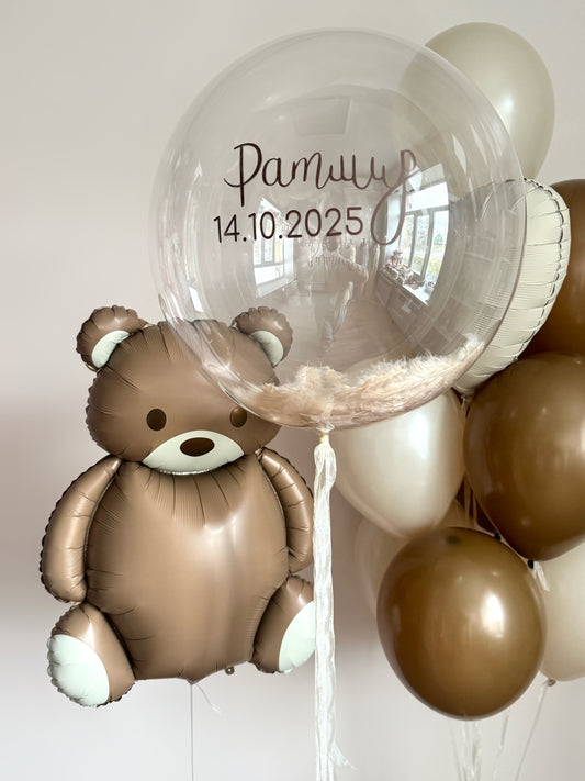 Caramel bear balloon set with custom bubble balloon, heart balloon, and matching latex balloons for event decor in NYC
