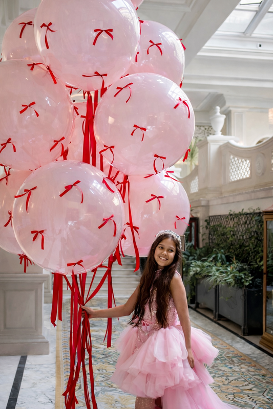 Oversized double bubble helium balloons with bows for luxury event decor in New York