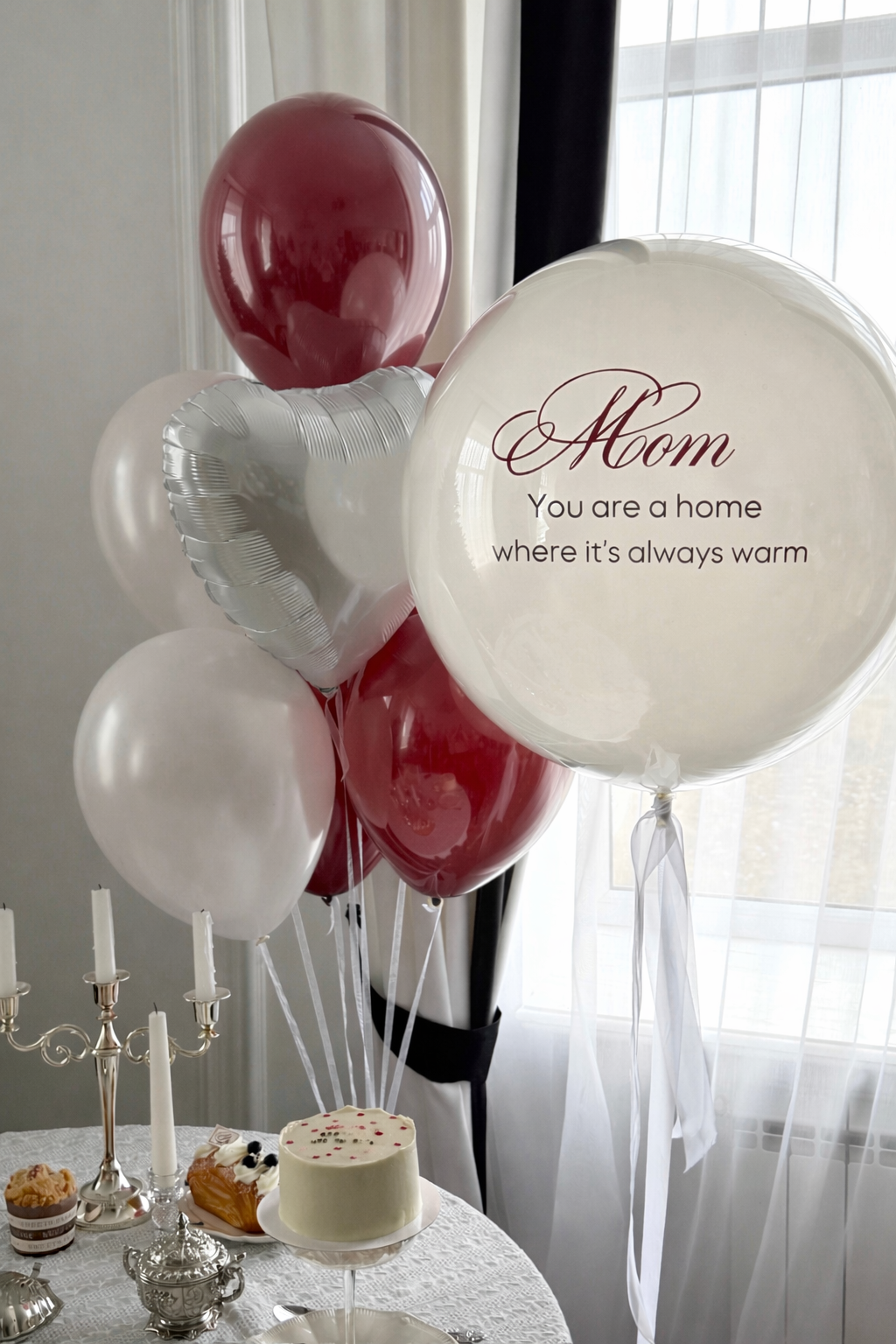 Always Warm Balloon Set with bubble balloon, silver heart balloon, and red white bouquet for Mother’s Day decor in Queens
