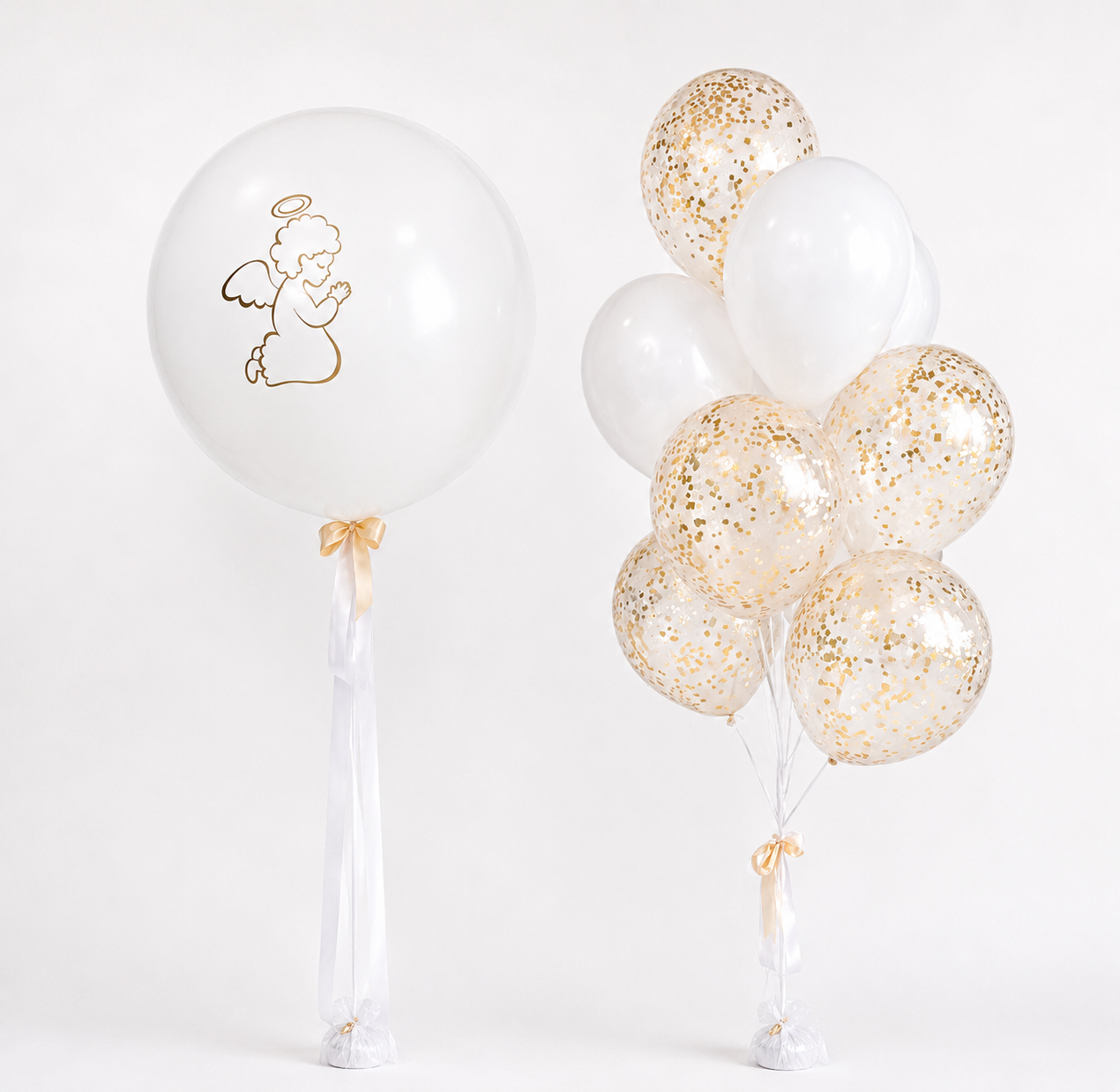 Angel Balloon Bouquet Set with 1 large white latex balloon with angel sign and 10 white and confetti latex balloons for elegant celebration decor in Brooklyn