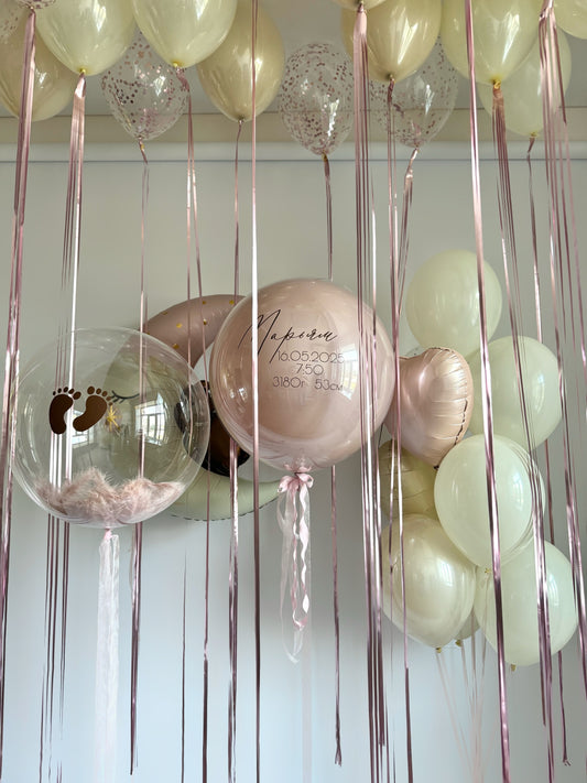 Baby blossom balloon set with custom bubble balloon, moon bear balloon, and pastel baby welcome decor in New York
