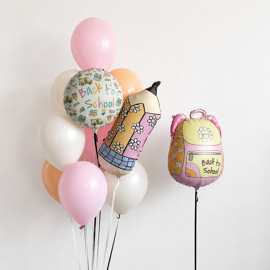 Back to School balloon set with round foil balloon, pencil balloon, backpack balloon and pastel latex balloons in Staten Island