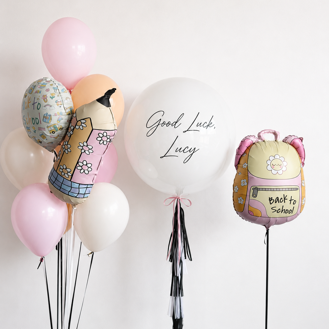 Back to school bubble balloon set with custom bubble balloon, backpack foil balloon, pencil balloon and pastel latex balloons in Brooklyn

