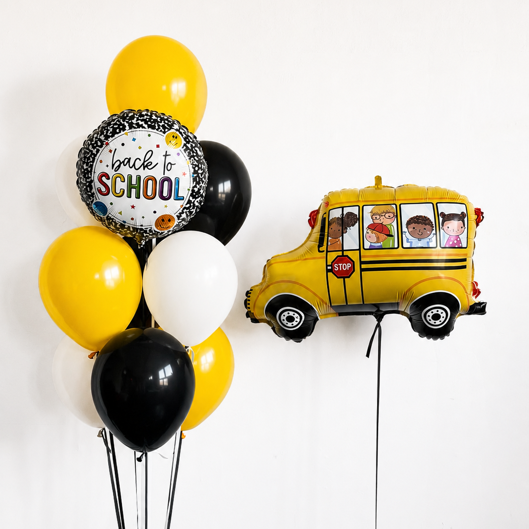 Back to School Bus Balloon Set with latex balloon bunch and school bus foil balloon in Brooklyn