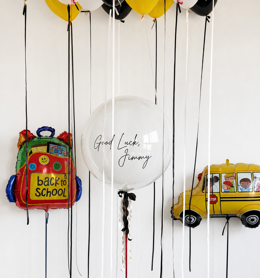 Back to School Ceiling Balloon Set with personalized bubble balloon, school bus, backpack and floating ceiling balloons in Staten Island