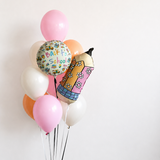 Back to School balloon bunch with round school foil balloon, pencil balloon and pastel latex balloons in Brooklyn