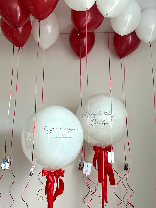Personalized double bubble balloon set with ceiling balloons and photo details for romantic decor in New York