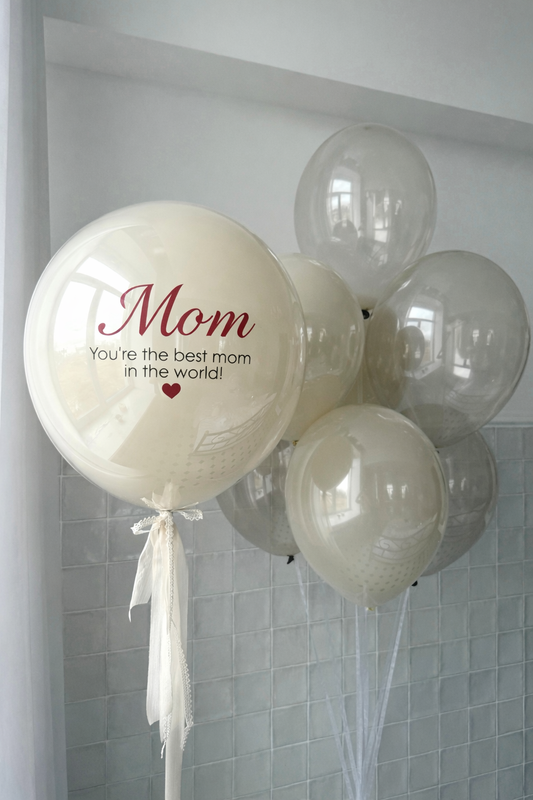Best Mom Balloon Set with bubble balloon and ivory gray latex bouquet for Mother’s Day decor in Manhattan
