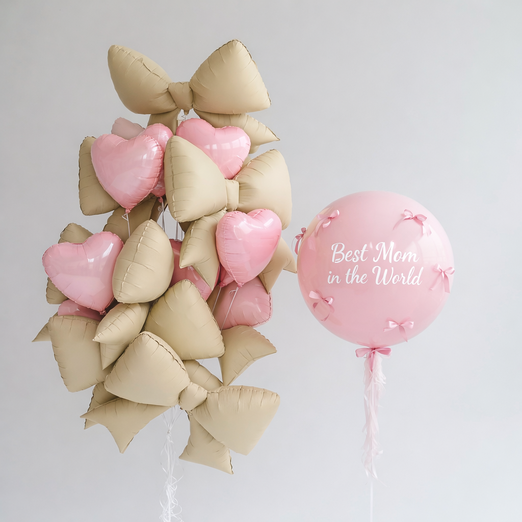 Best Mom Bow and Heart Balloon Set with custom bubble balloon, bow balloons, and heart balloons for Mother’s Day decor in Manhattan