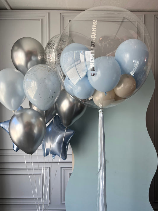 Big celebration balloon set with oversized custom bubble balloon, star balloons, and modern birthday decor in New York
