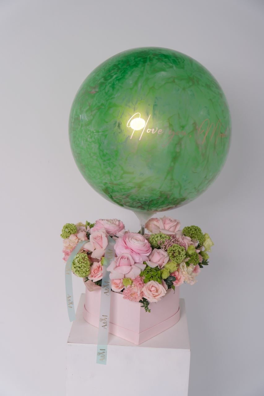 Blooming Love Flower Box with green marbled bubble balloon and blush flowers for celebration decor in Queens