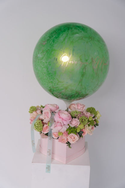 Blooming Love Flower Box with green marbled bubble balloon and blush flowers for celebration decor in Queens