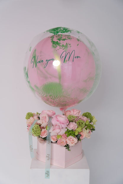 Blooming Love Flower Box with pink bubble balloon and blush flowers for gifting in Brooklyn