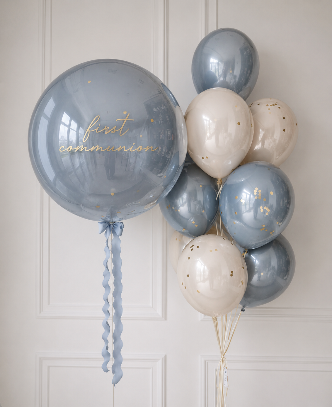 Blue Bubble Balloon Set with Confetti Balloons featuring a custom bubble balloon and a bunch of blue and ivory balloons with confetti for elegant celebration decor in Brooklyn