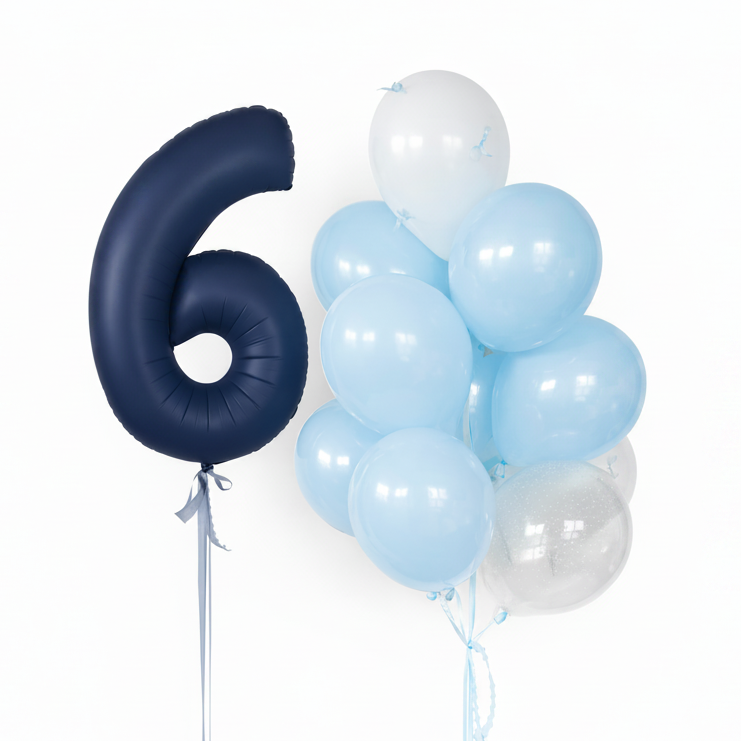 Blue Dream Balloon Set with 1 or 2 number balloons and a bunch of blue latex balloons with glass effect and bow details for birthday decor in Queens