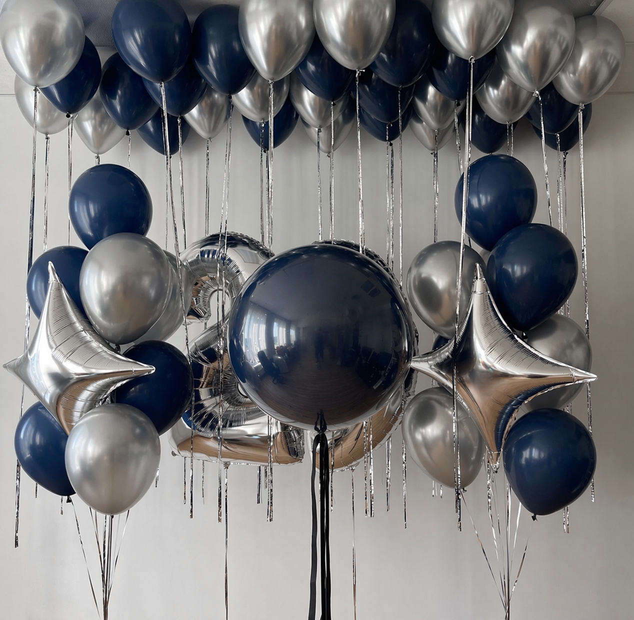 Blue Number Balloon Set with ceiling balloons, bubble balloon, number balloons, star balloons, and balloon bunches for birthday decor in Brooklyn