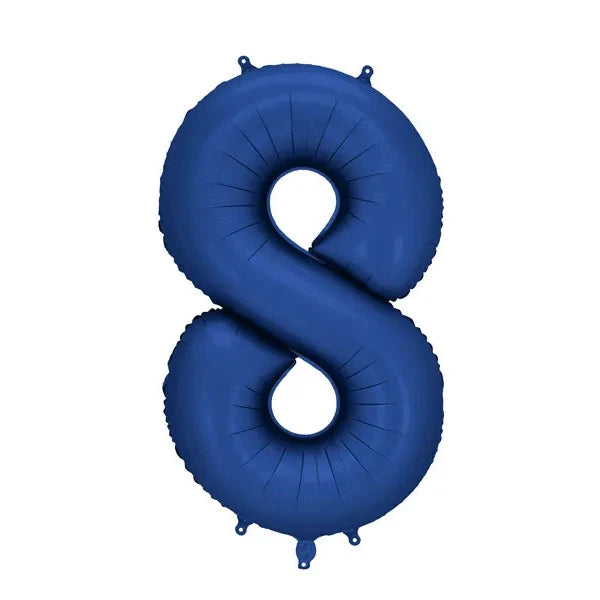 Blue balloon shaped like the number '8' on a white background