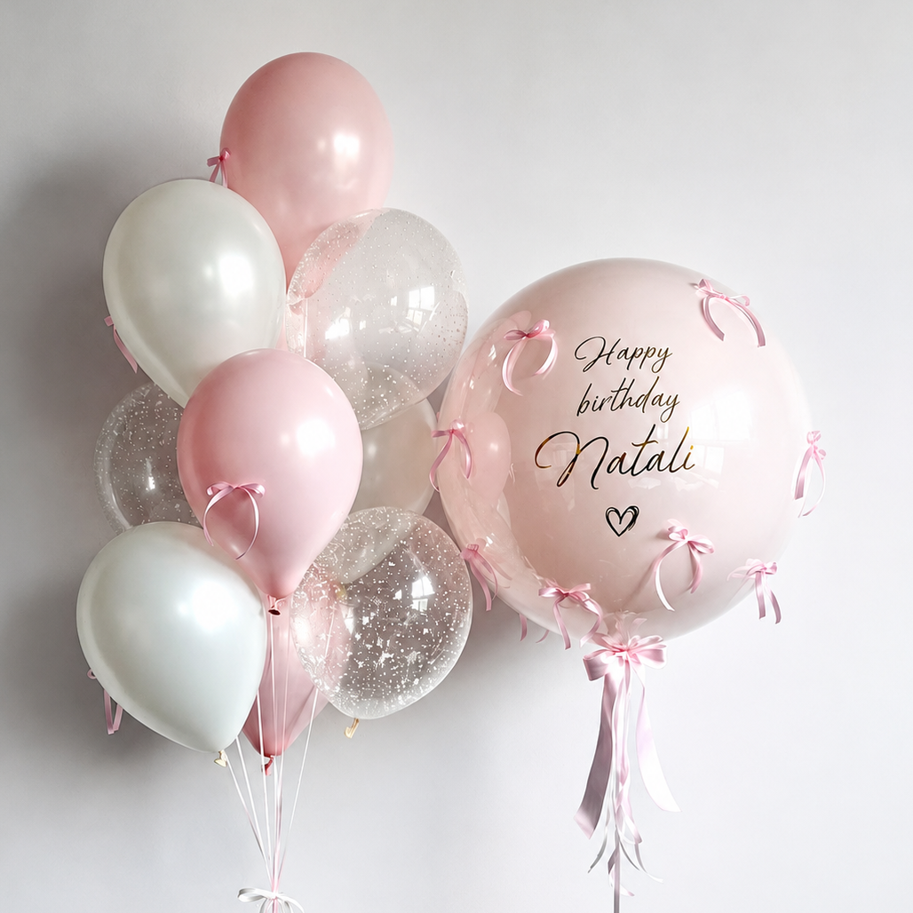 Blush Bow Bubble Balloon Set with personalized bubble balloon, pink bows, pearl white balloons, and clear foam bead balloons for celebrations in Queens