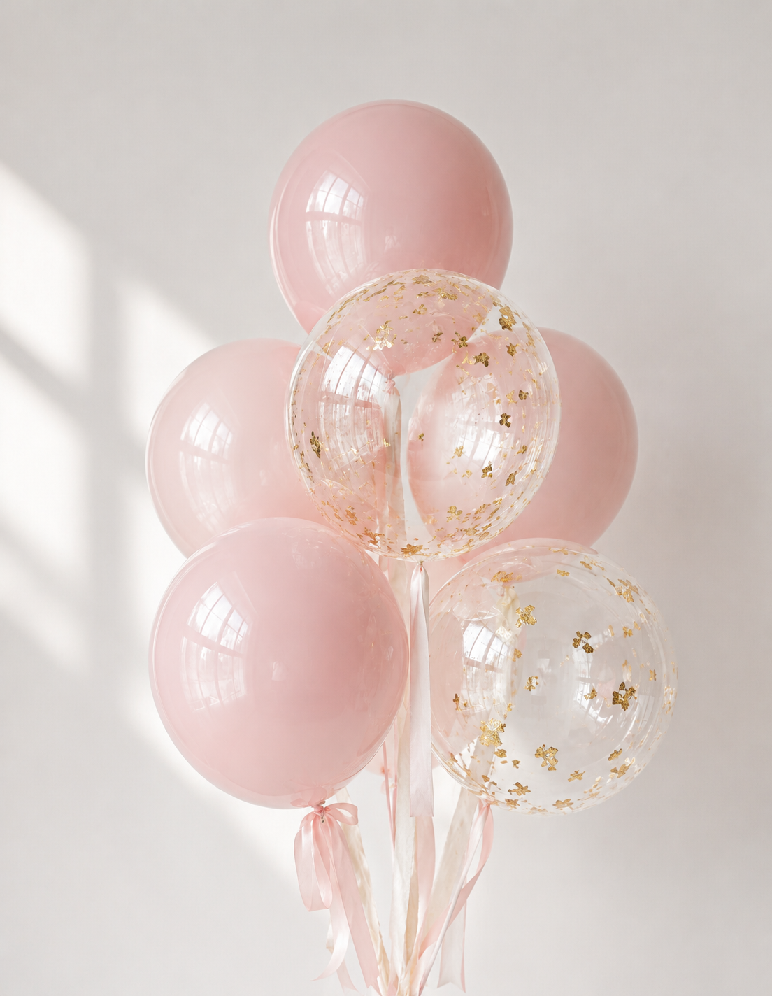 Blush Bubble Balloon Set with 7 bubble balloons, including 5 pink bubbles and 2 clear bubbles with gold flakes, for elegant celebration decor in Brooklyn