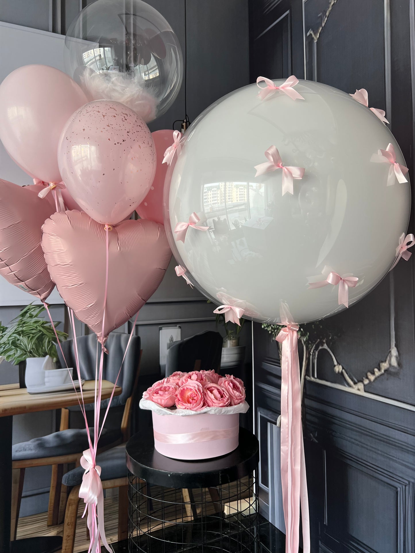 Blush Bubble and Heart Balloon Set with bubble balloon bows, pink heart balloons, latex balloons, gold flake balloon, and bubble balloon with feathers