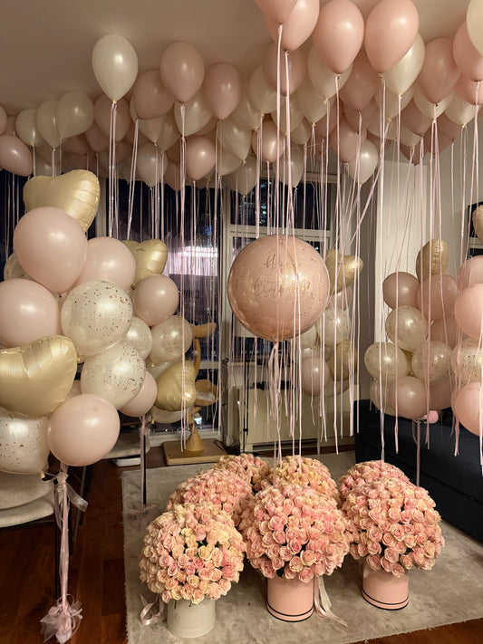 Blush Room Decor Balloon Set with custom bubble balloon, five balloon bunches, and ceiling balloons for elegant celebration decor in Manhattan