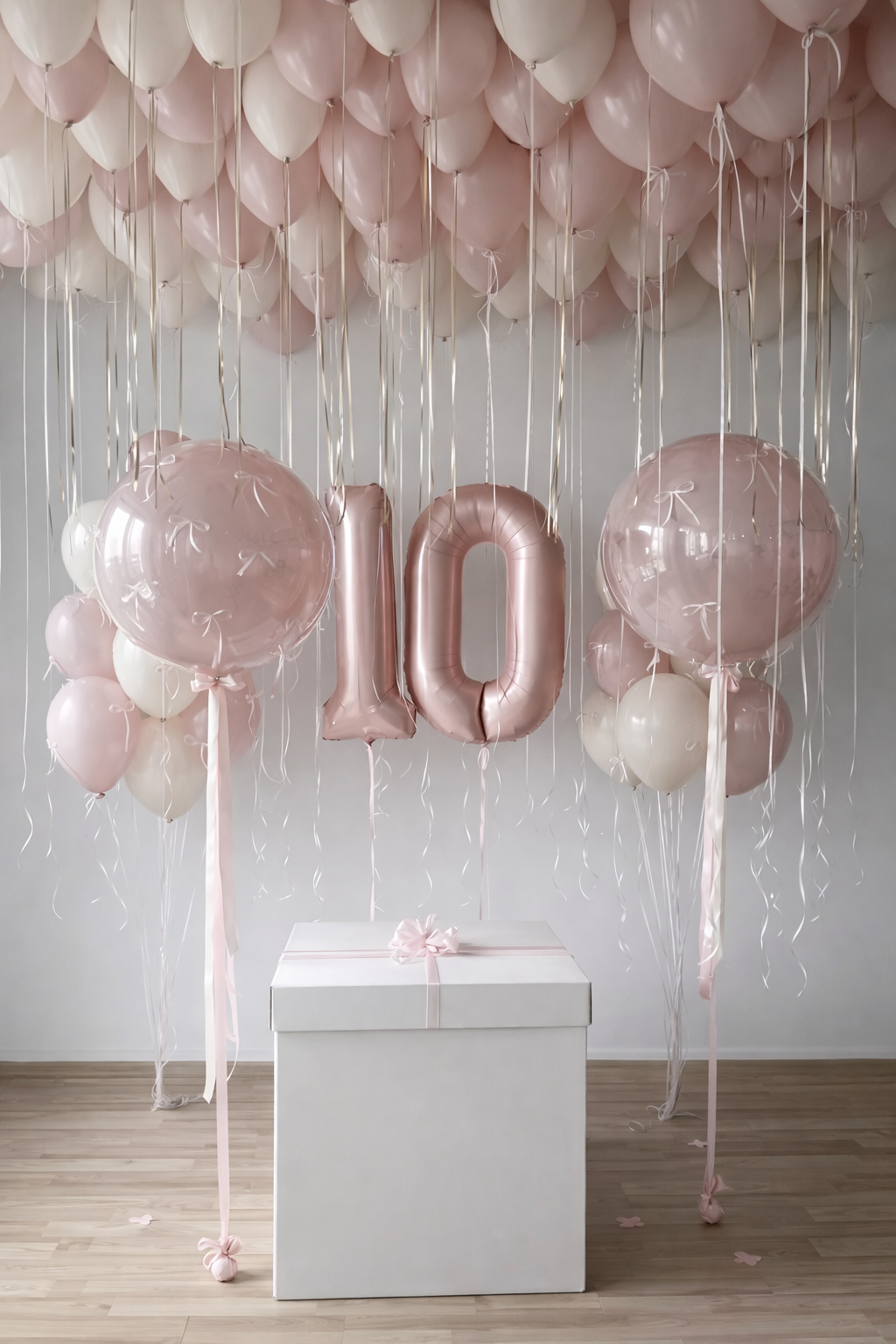 Blush Surprise Box Room Decor Set with ceiling balloons, bubble balloons, number balloons and surprise box for birthday room decor in Brooklyn