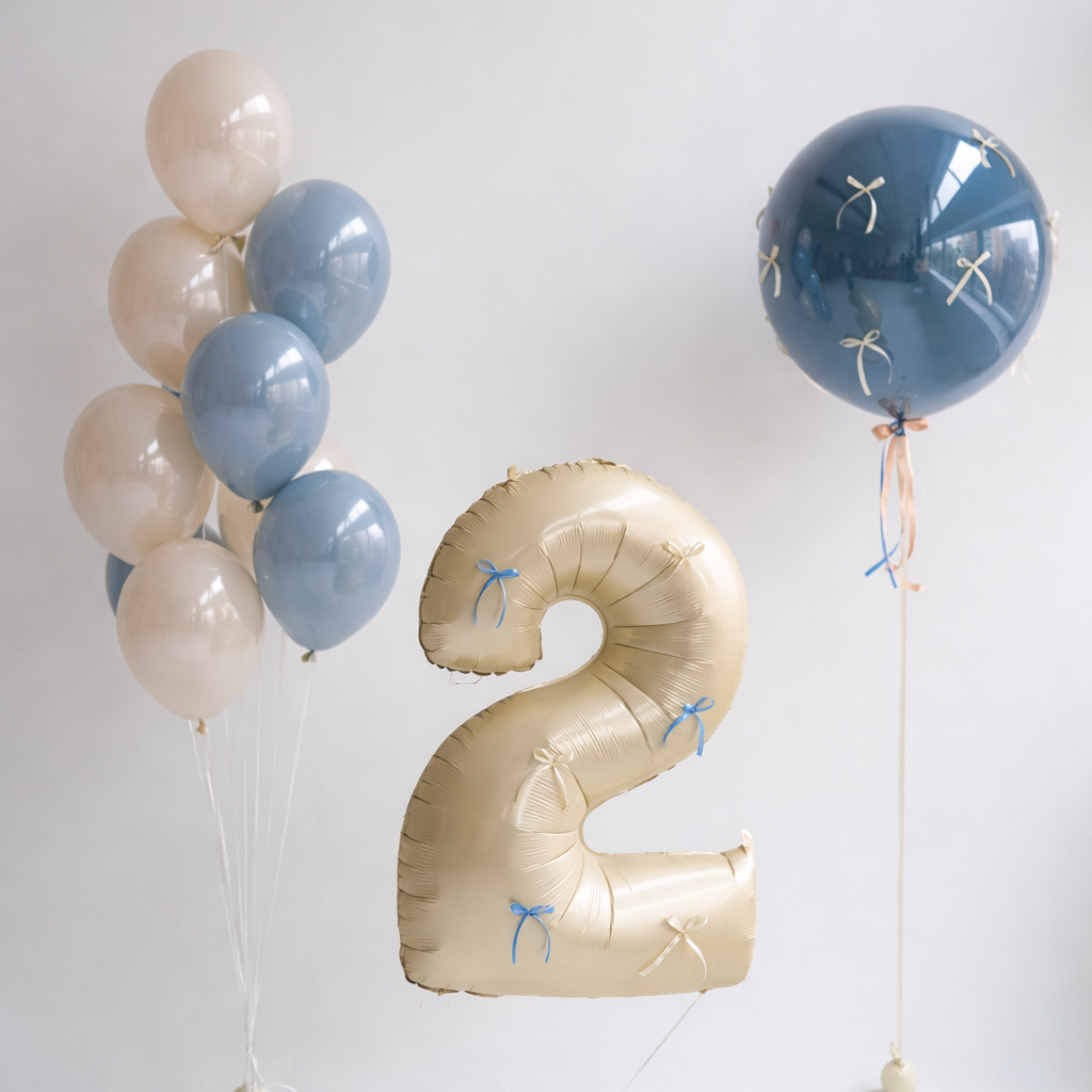 Bow Number Balloon Set with number balloon, bow bubble balloon, and glass balloon bunch in blue tones for birthday decor in Brooklyn