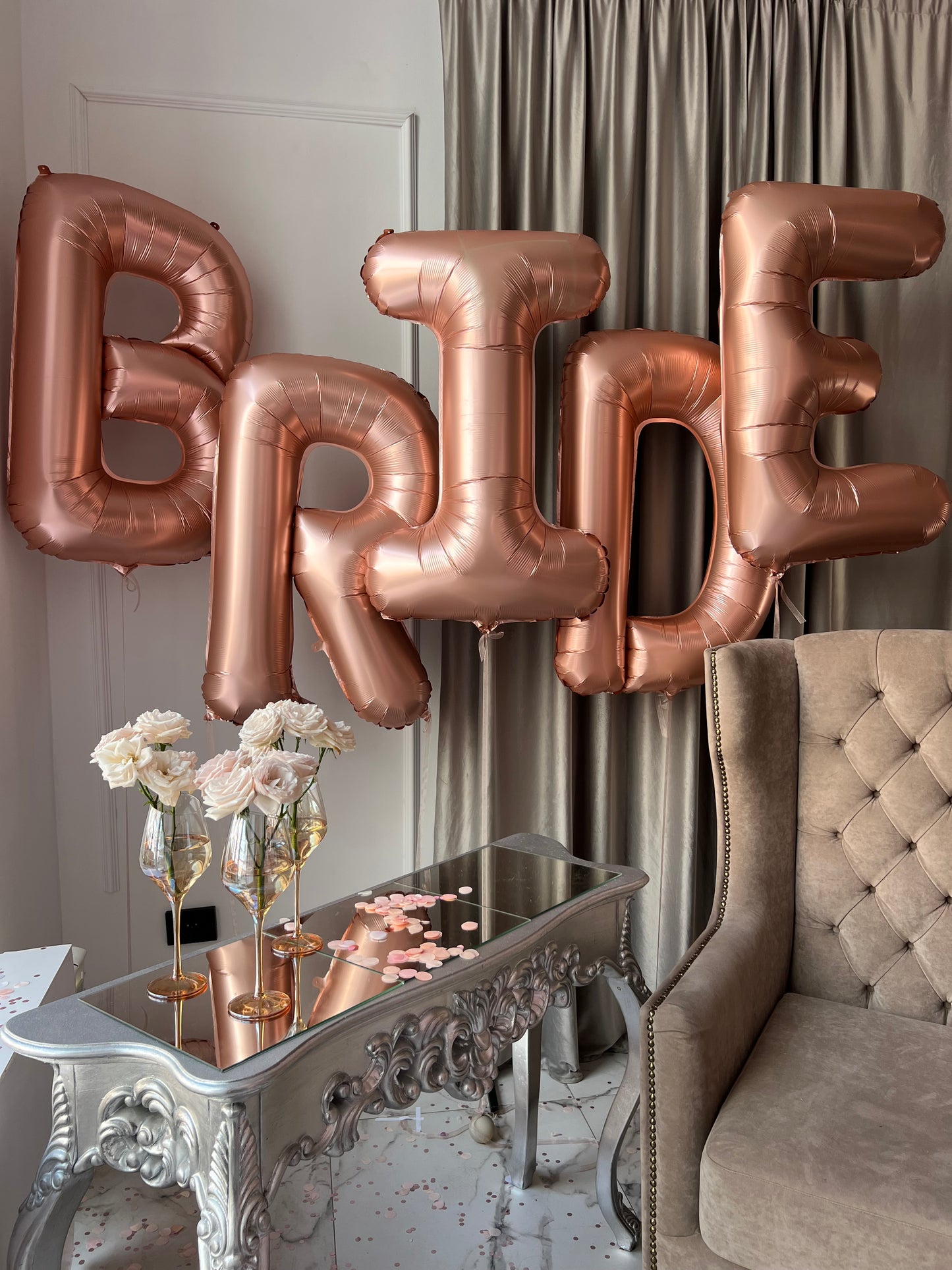 Bride balloon set with large rose gold BRIDE letter balloons for bachelorette party decor in New York