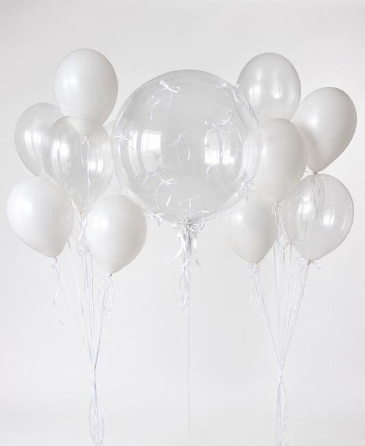 Bubble Balloon Set with Bows featuring a clear bubble balloon and two white balloon bunches for elegant celebration decor in Brooklyn