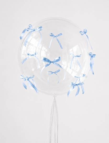 Bubble Balloon with Bows featuring a clear bubble balloon with blue ribbon bows for elegant celebration decor in NYC