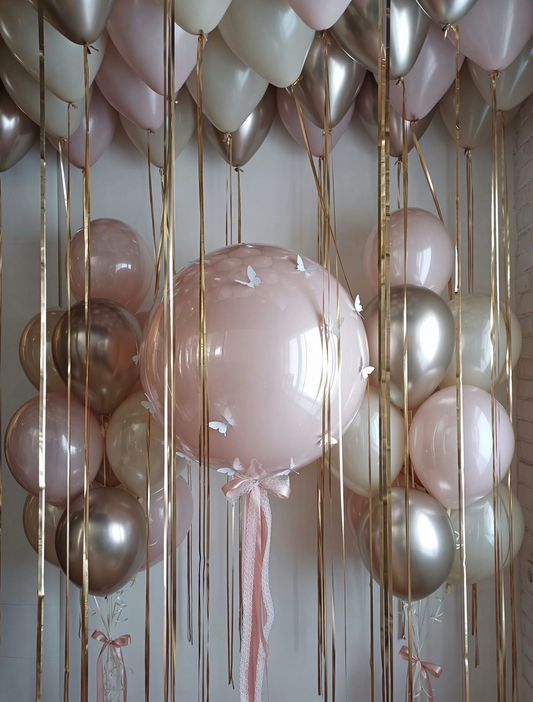 Butterfly Bubble Room Decor Set with ceiling balloons, butterfly bubble balloon, and blush balloon bunches for elegant celebration decor in Staten Island